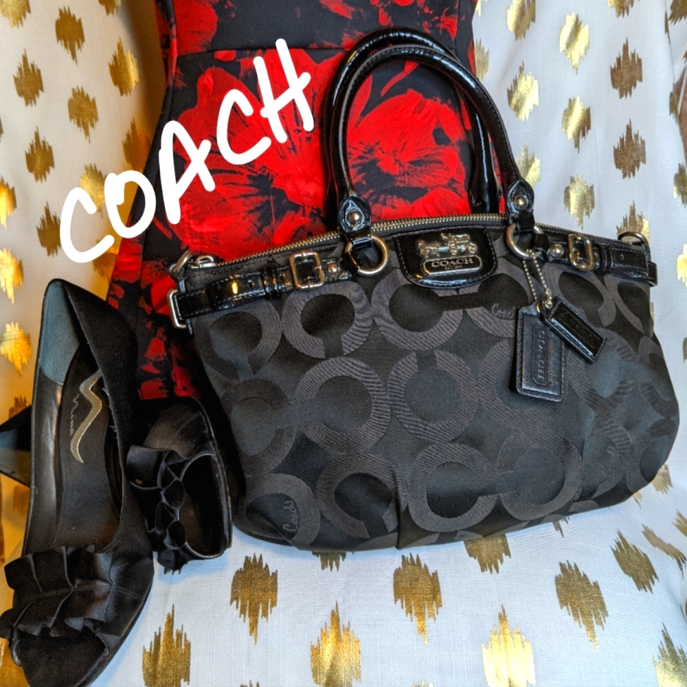 COACH Satchel Madison Sateen Handbag Black Patent Leather